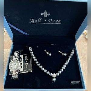 Bell & Rose Ladies Watch Simulated Pearl Necklace Earrings Set Crystal Watch New